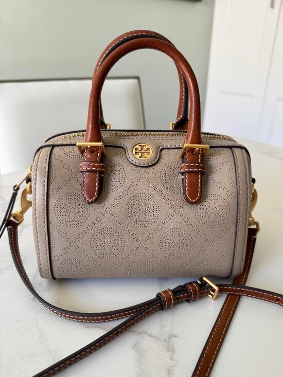 Tory Burch Handbags - Tory Burch Perforated T-Monogram Mini Barrel Bag in Taupe / Cognac